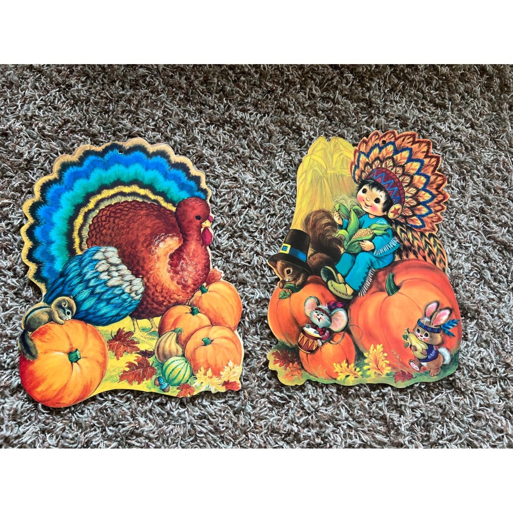 Vintage Eureka Thanksgiving Die Cut Decorations Turkey Pumpkin Set of 2 USA